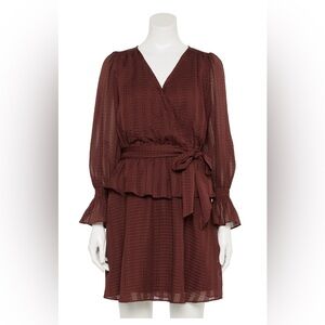 LC Lauren Conrad Womens Plum color, Faux Wrap Belted Fit & Flare Dress Sz Medium